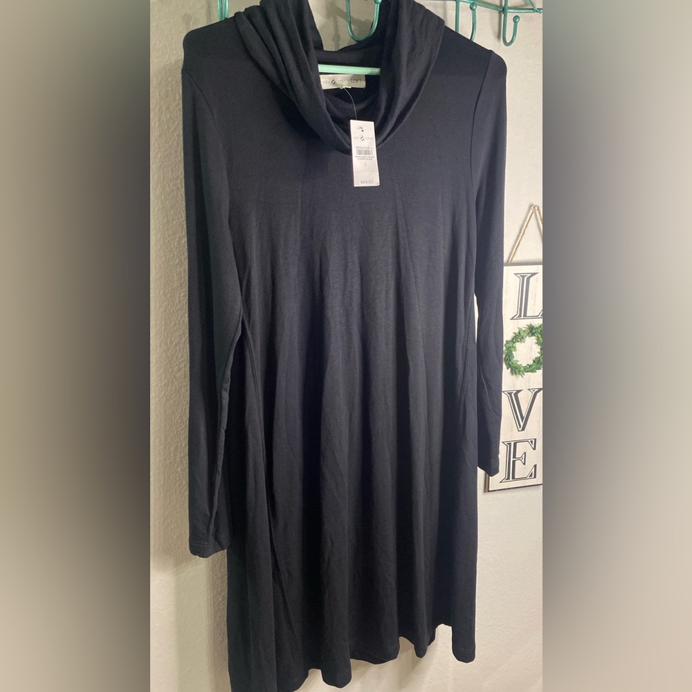 lLOU & GREY FOR LOFT LONG SLEEVE COWL NECK SWING BLACK DRESS